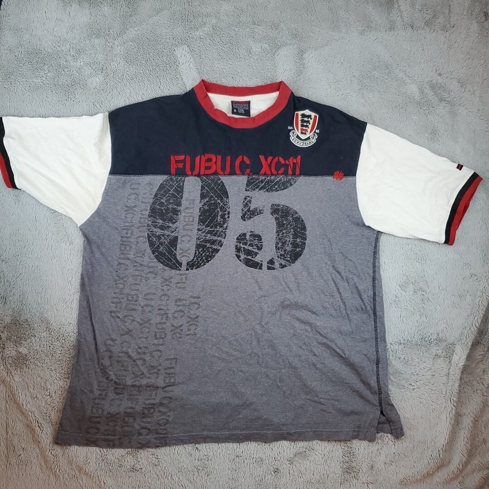 FUBU Graphic T-Shirt Mens XL Colorblock Distressed 05 Streetwear Gray Multi